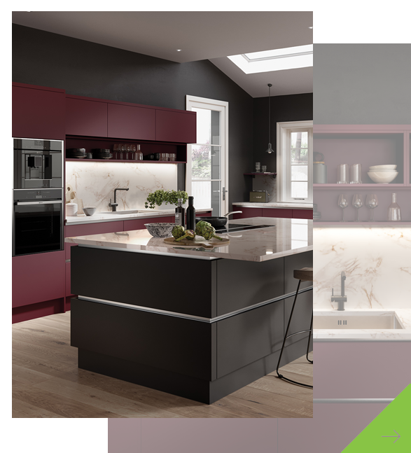 Burgundy and charcoal kitchen design by Glam Kitchens